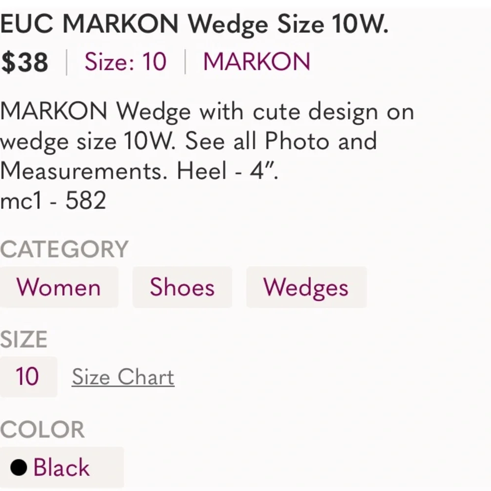 Excellent Preowned Condition Markon Wedge Size 10W Shoes very Cute design.